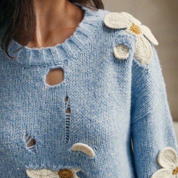 Blue Casual Women's Hand Crochet 3d Floral Decor Soft Round Neck Knitted Sweater - Picture 8 of 8